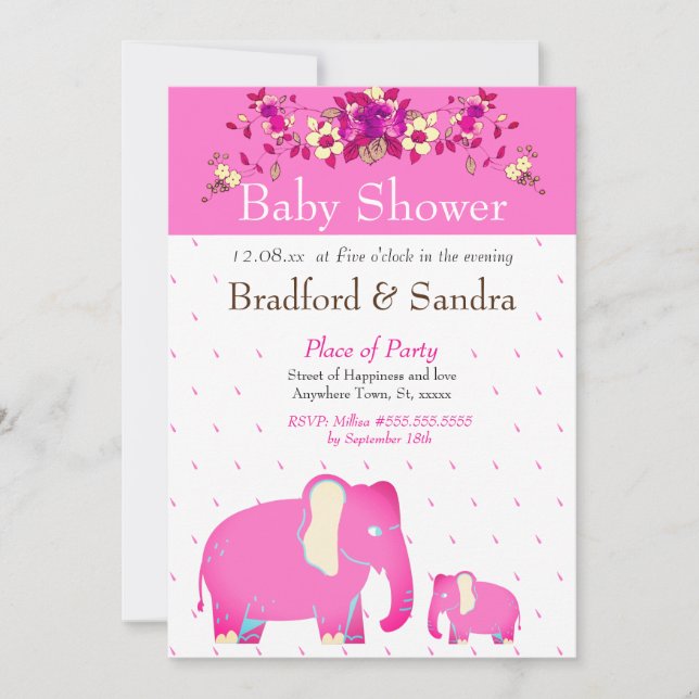 Invitation Élégant éléphant floral rose pour une baby shower  (Devant)