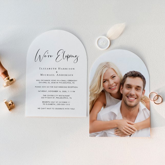 Invitation Elégant Elopement Arc Photo Mariage Réception (Celebrate your love story with a chic arch-shaped elopement announcement and reception invitation)