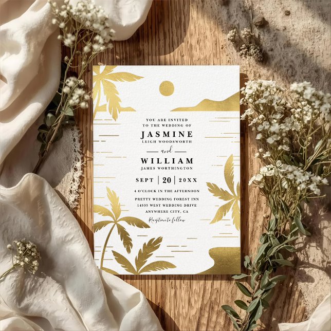Invitation Elegant Embossed Beach Palm QR Code Wedding (Créateur téléchargé)