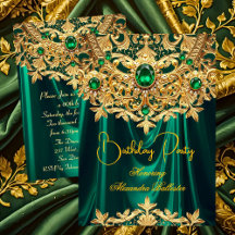 Elegant Emerald gems Gold Lace Damask Birthday