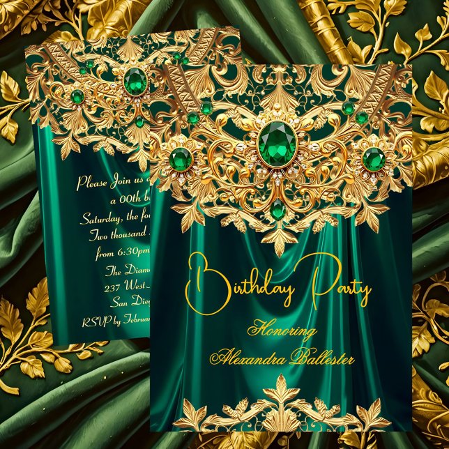 Invitation Elegant Emerald gems Gold Lace Damask Birthday (Créateur téléchargé)