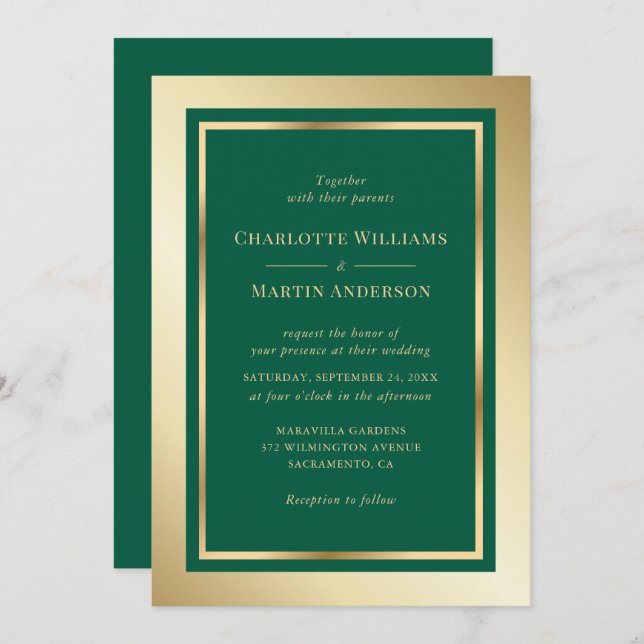 Invitation Elegant Emerald Green and Gold Wedding (Devant / Derrière)