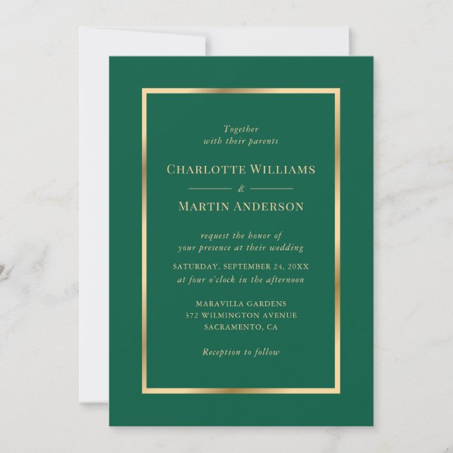Invitation Elegant Emerald Green and Gold Wedding (Devant)