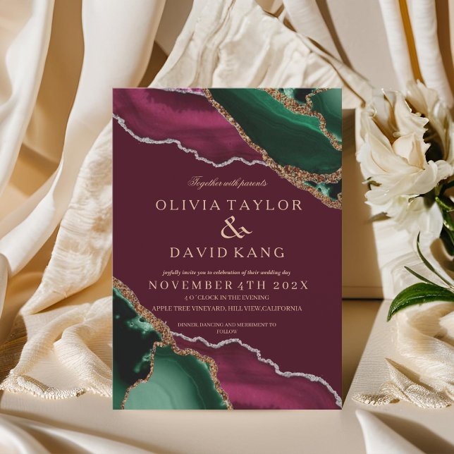 Invitation Élégant Emerald Green & Burgundy Agate Mariage (Créateur téléchargé)