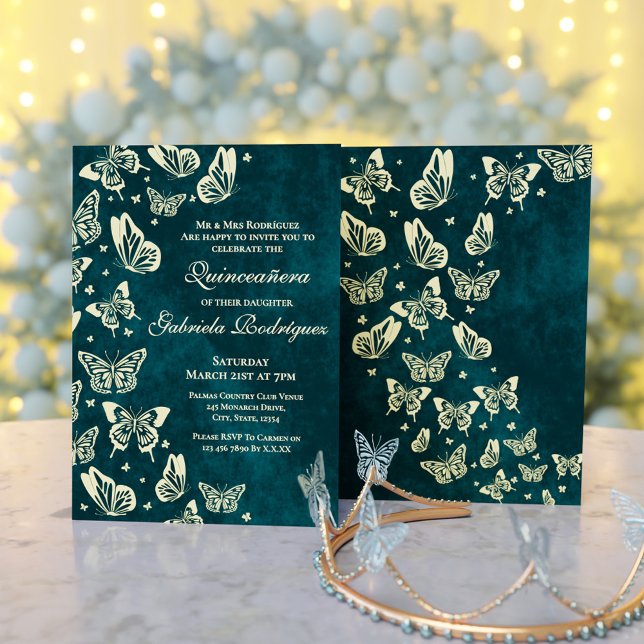 Invitation Élégant Emerald Green Butterfly Quinceañera (Elegant Emerald Green Gold Butterfly Quinceañera Invitation)