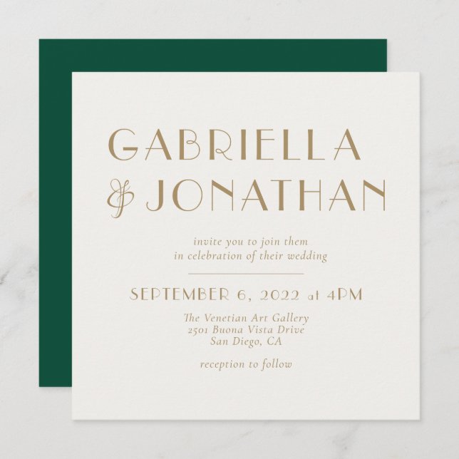 Invitation Élégant Emerald Green Cream Mariage or (Devant / Derrière)