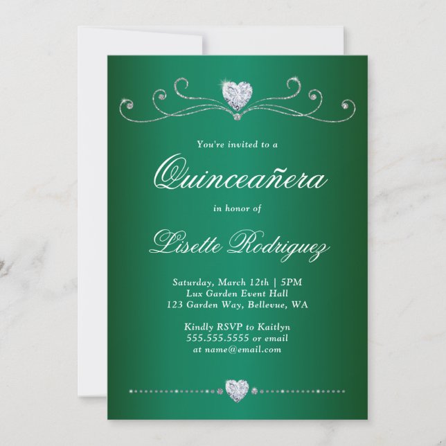 Invitation Élégant Emerald Green Diamond Swirl Quinceanera (Devant)
