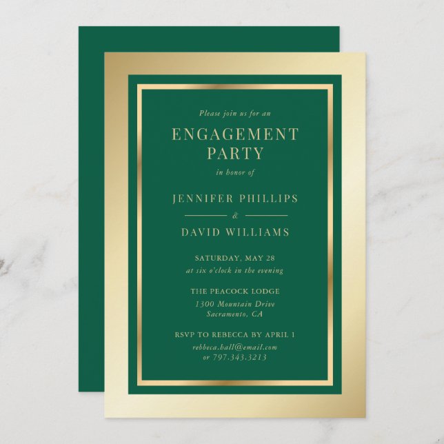 Invitation Élégant Emerald Green et Gold Engagement Party (Devant / Derrière)