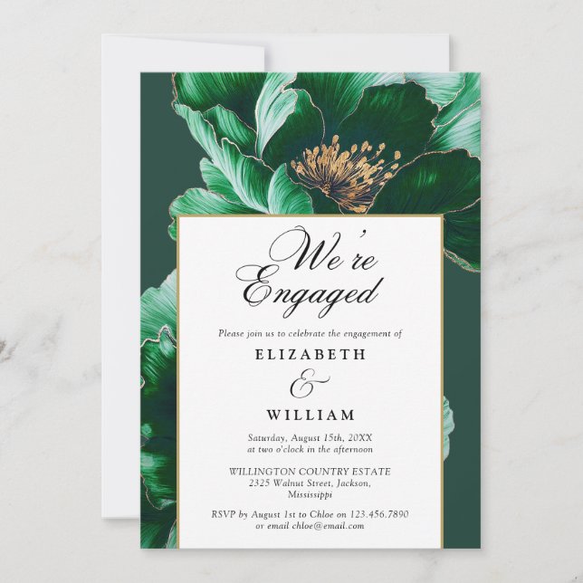 Invitation Élégant Emerald Green Floral Engagement Party (Devant)
