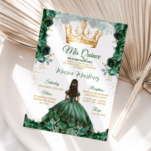 Invitation Élégant Emerald Green Floral Gold Crown Mis Quince