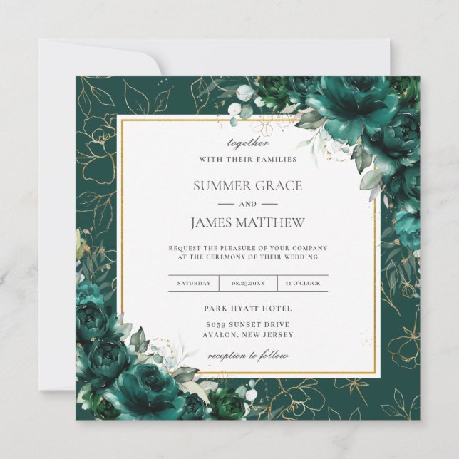 Invitation Élégant Emerald Green Floral Mariage Carré or (Devant)