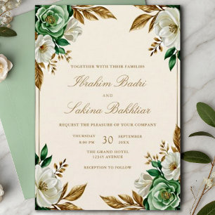 Invitation Élégant Emerald Green Floral Mariage musulman