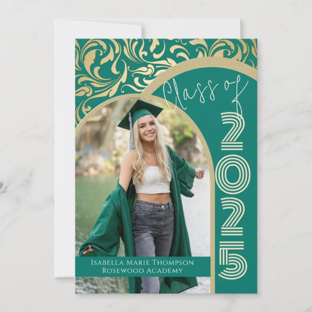 Invitation Élégant Emerald Green & Gold Arch Photo Graduation (Devant)