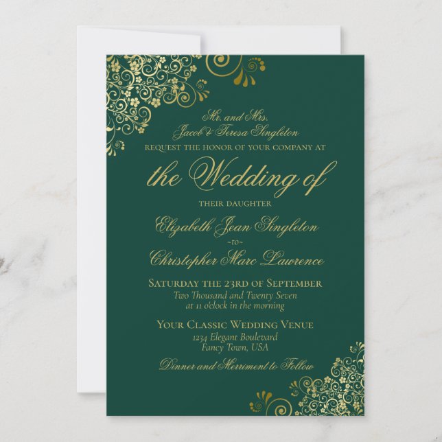 Invitation Élégant Emerald Green & Gold Classy Mariage formel (Devant)