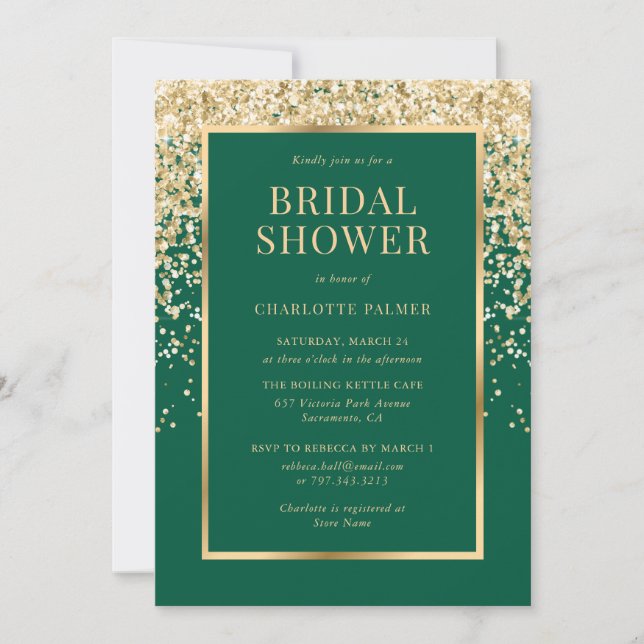 Invitation Elegant Emerald Green Gold Confetti Bridal Shower (Devant)