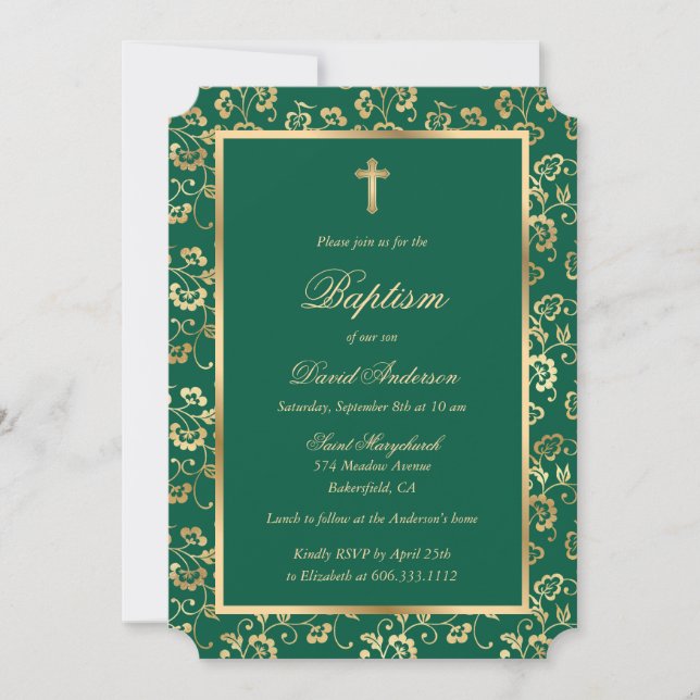 Invitation Élégant Emerald Green Gold Floral Boy Baptism (Devant)