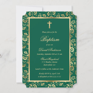 Invitation Élégant Emerald Green Gold Floral Boy Baptism