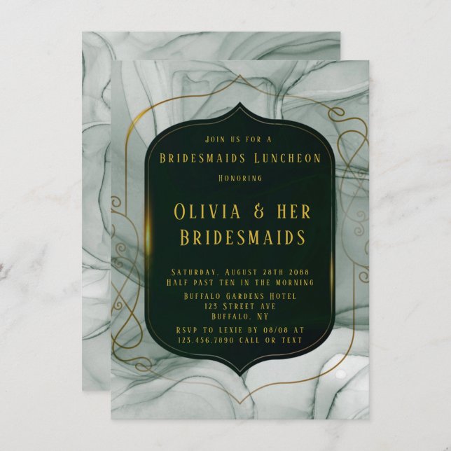 Invitation Élégant Emerald Green Gold Frame Brudesmaids Déjeu (Devant / Derrière)