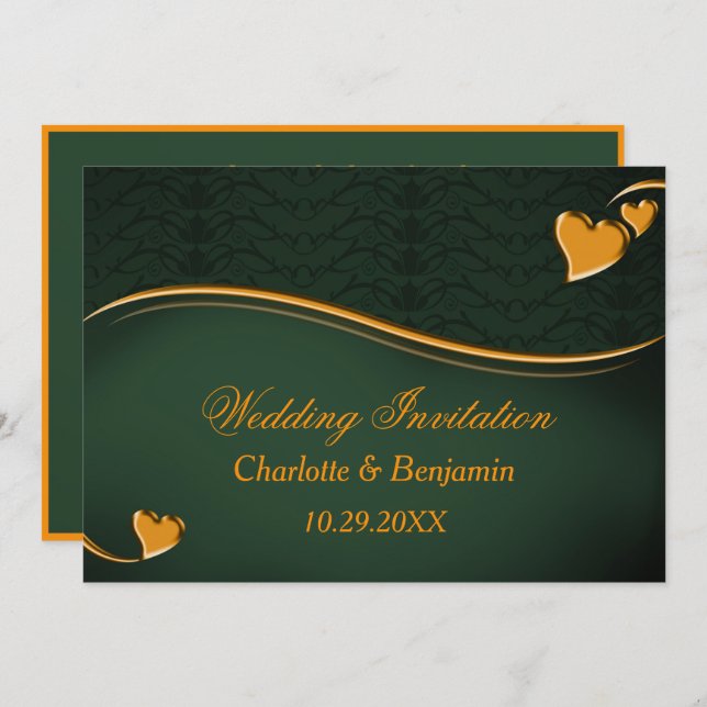 Invitation Élégant Emerald Green & Gold Heart Mariage (Devant / Derrière)