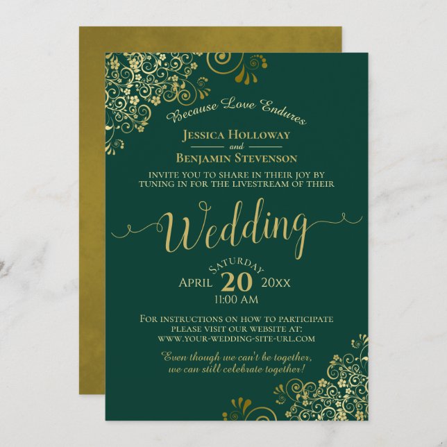 Invitation Élégant Emerald Green & Gold Mariage Livestream (Devant / Derrière)