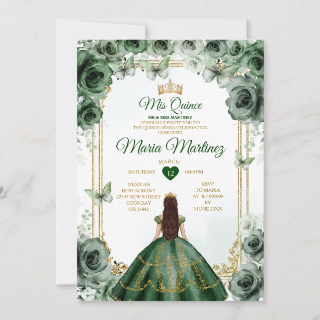 Invitation Élégant Emerald Green & Gold Mis Quince Sweet 16e (Devant)