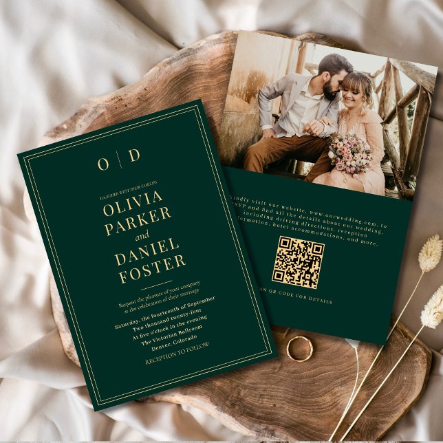 Invitation Élégant Emerald Green Gold Photo QR Code Mariage (Créateur téléchargé)