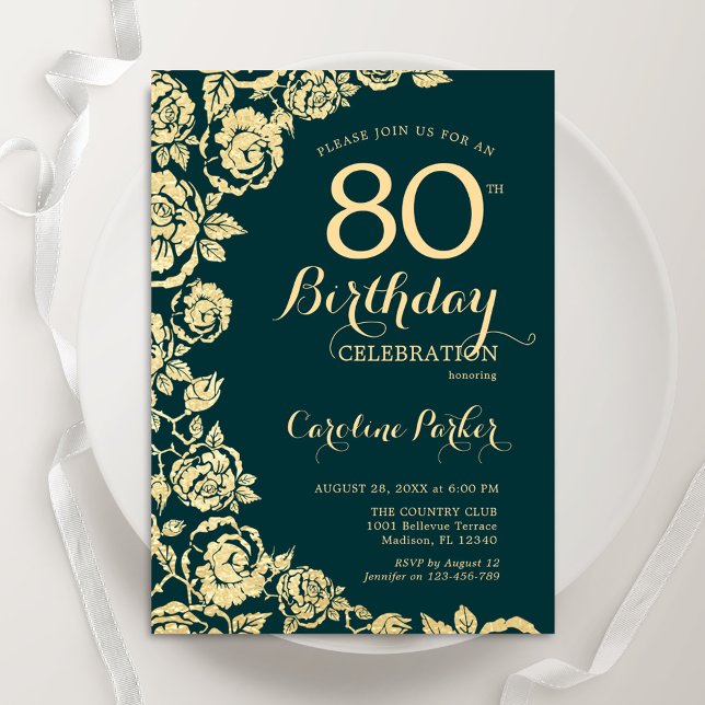 Invitation Élégant Emerald Green Gold Roses 80e anniversaire (Créateur téléchargé)