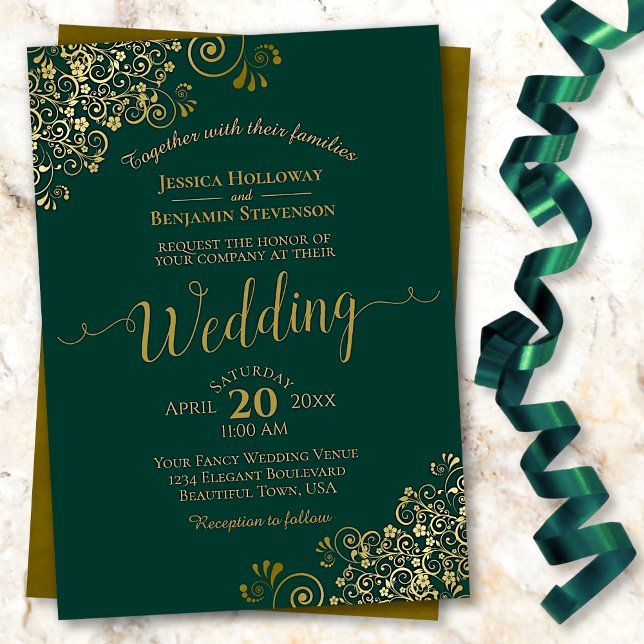 Invitation Élégant Emerald Green Golden Frills Mariage (Créateur téléchargé)