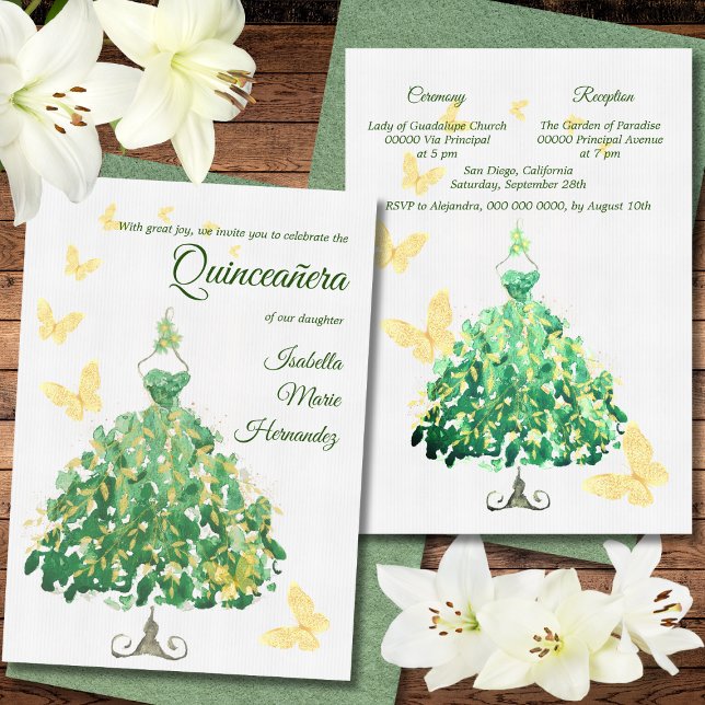 Invitation Élégant Emerald Green & Golden Quinceañera (Créateur téléchargé)