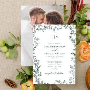 Invitation Élégant Emerald Green Leaf Mariage photo Monogramm