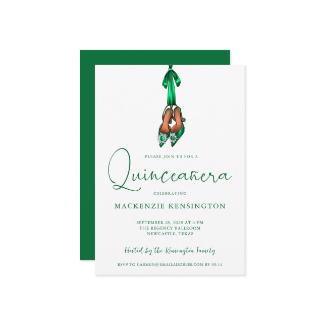 Invitation Élégant Emerald Green Lux High Heels Quinceañera (Devant/Arrière en situation)
