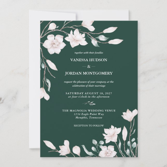 Invitation Élégant Emerald Green Magnolia Mariage (Devant)