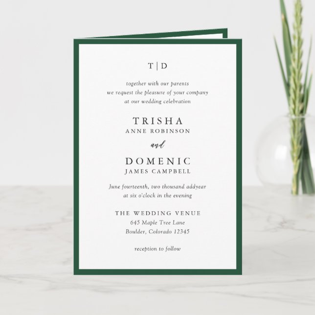 Invitation Élégant Emerald Green Monogram Mariage moderne (Devant)