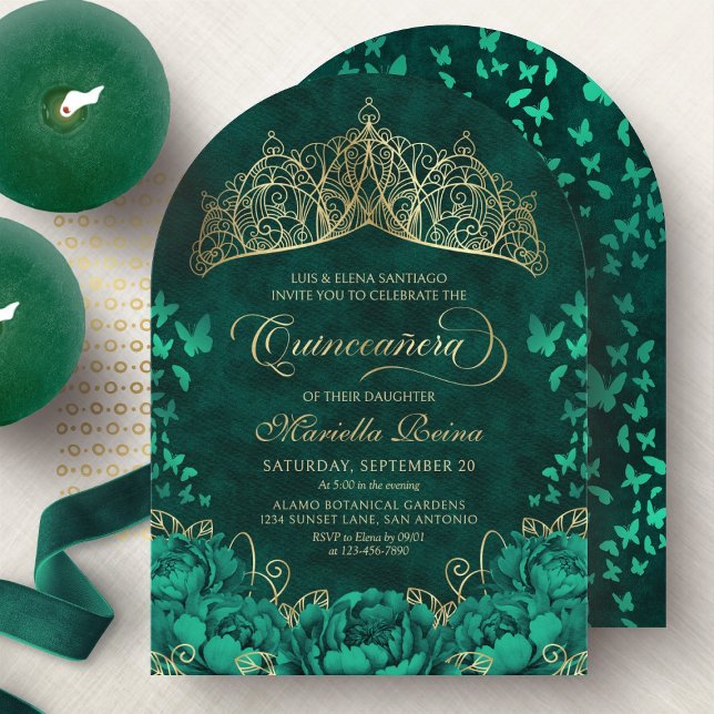 Invitation Élégant Emerald Green Princess Crown Quinceanera (Créateur téléchargé)