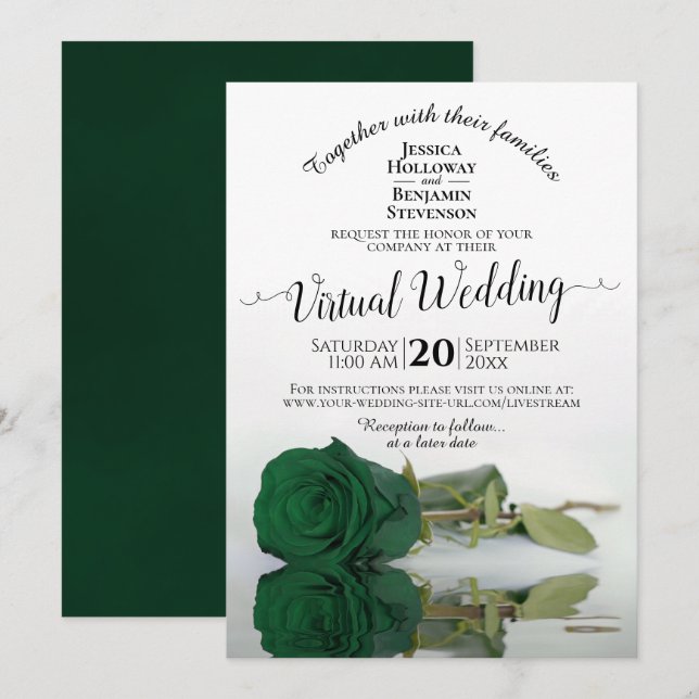 Invitation Élégant Emerald Green Rose Mariage virtuel (Devant / Derrière)