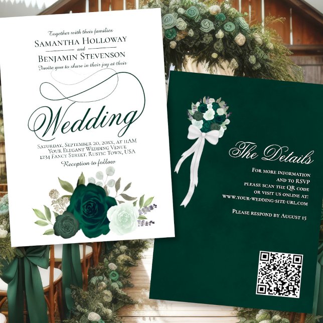 Invitation Élégant Emerald Green Roses Floral QR Code Mariage (Front/Back)