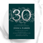 Invitation Elégant Emerald Green Silver 30e anniversaire<br><div class="desc">Elégante invitation de fête de 30e anniversaire vert émeraude. Design féminin moderne et personnalisable avec des accents botaniques rose et de la fausse parties scintillant argent. Carte invitation florale simple parfaite pour une célébration anniversaire élégante. Personnalisez avec vos propres détails. Invitations Zazzle imprimées ou téléchargement instantané modèle imprimable numérique.</div>