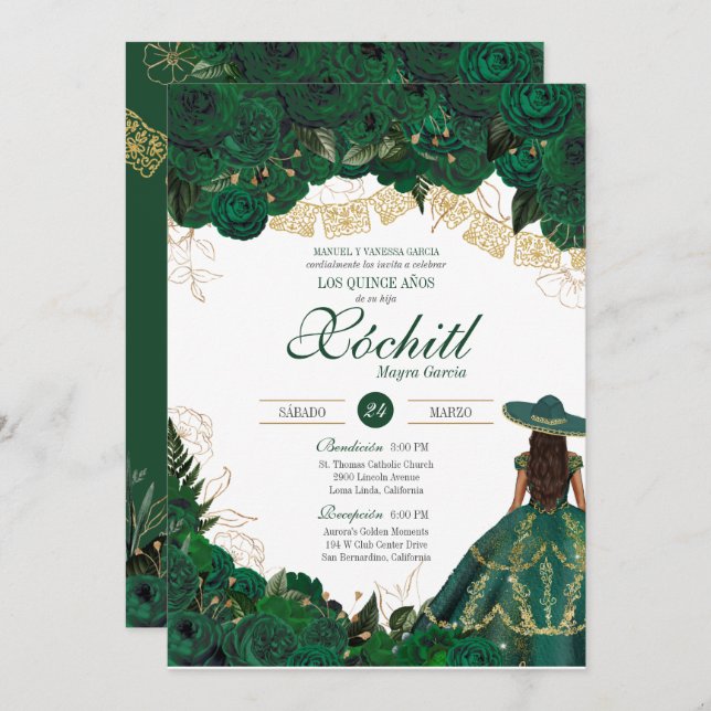 Invitation Élégant Emerald Rose vert Charro Quinceanera Inv (Devant / Derrière)