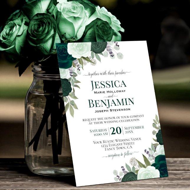 Invitation Élégant Emerald & Sage Green Roses Boho Mariage (Créateur téléchargé)