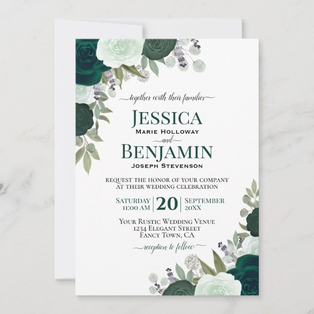 Invitation Élégant Emerald & Sage Green Roses Boho Mariage (Devant)