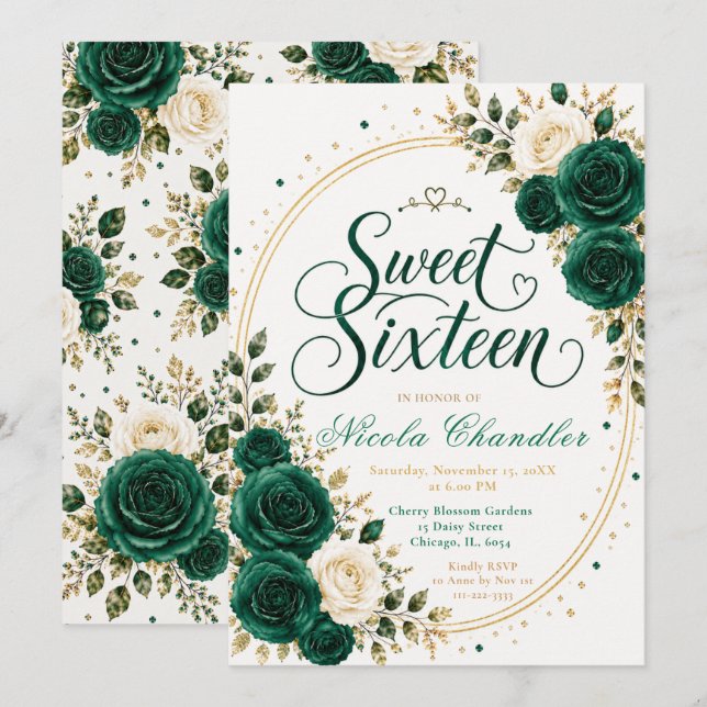 Invitation Élégant Emerald Sweet 16 (Devant / Derrière)