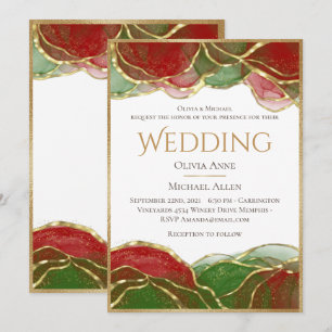 Invitation Élégant Encre d'alcool Rouge Vert Vacances Mariage