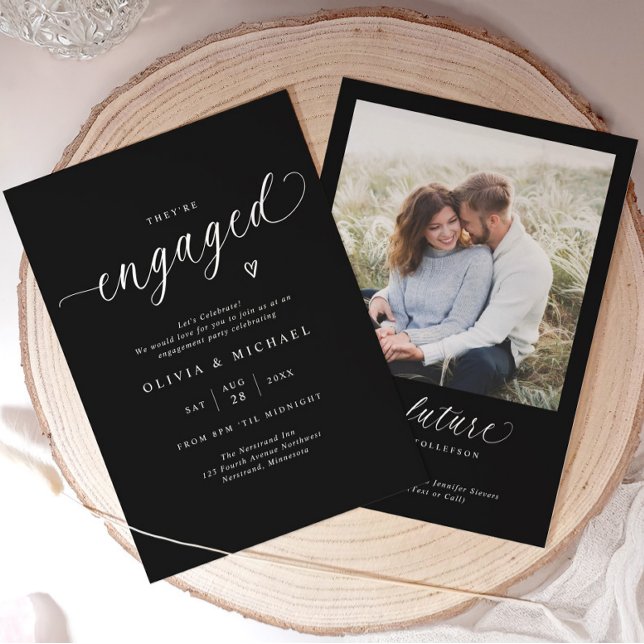 Invitation Elegant Engaged Modern Black Engagement Party (Modern black engagement party invitation with elegant white script and minimalist with photo.)