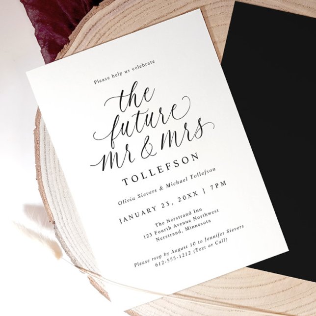 Invitation Elegant Engagement Party The Future Mr & Mrs (Elegant black and white engagement invitation with modern calligraphy reading “the future mr & mrs.”)