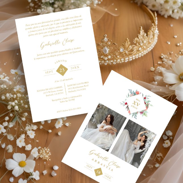 Invitation Élégant Espagnol Forme Moderne De Diamant Floral (panish Elegant Modern Floral Anagram 2 Photos Collage Metallic Foil Invitation with Envelope. )