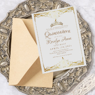 Invitation Elégant espagnol Quinceañera Mis Quince Or blanc