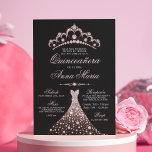 Invitation Elégant espagnol Quinceañera Mis Quince rose<br><div class="desc">Invitations modernes mais élégantes de Quinceañera Mis Quince Anos. Parties scintillant diamant tiara / couronne et robe / robe. Couleurs claires rose et noir. Facile à modifier les cartes modèles. Parfait pour la 15ème fête d'anniversaire de fille.</div>