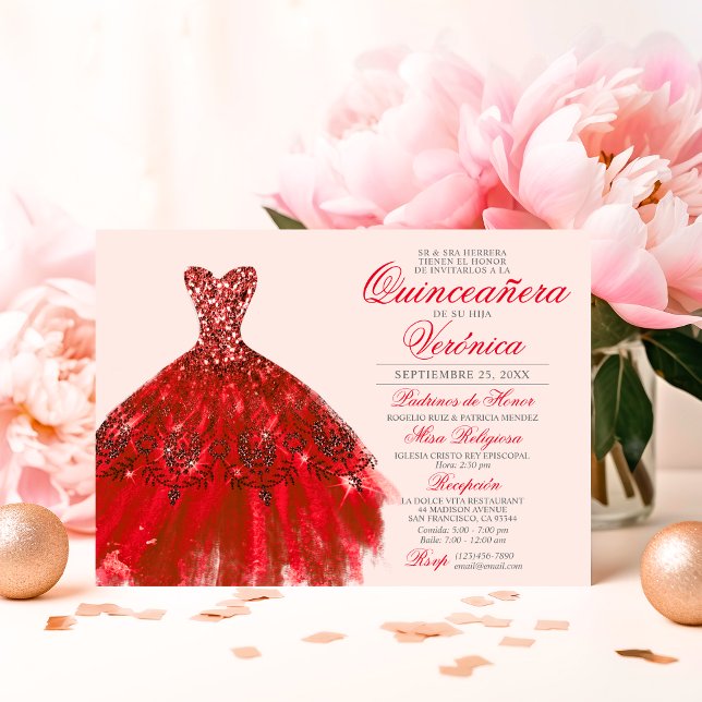 Invitation Elégant espagnol Quinceañera Mis Quince roses ROUG (Elegant Spanish Quinceañera Mis Quince RED roses Invitation)