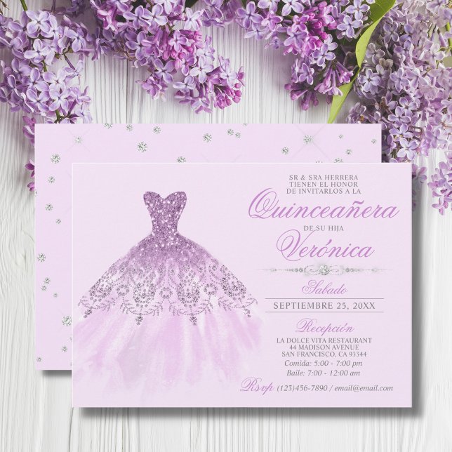 Invitation Elégant espagnol Quinceañera Mis Quince violet (Créateur téléchargé)