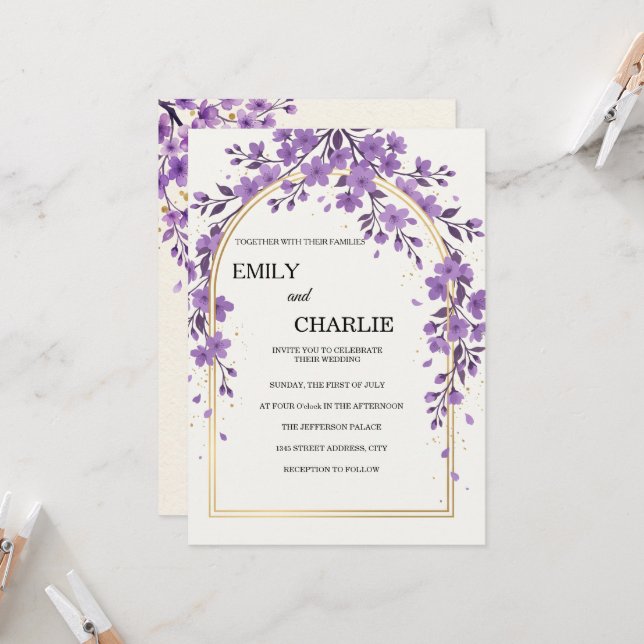 Invitation Élégant et aquarelle fleur de cerisier violette (Devant/Arrière en situation)